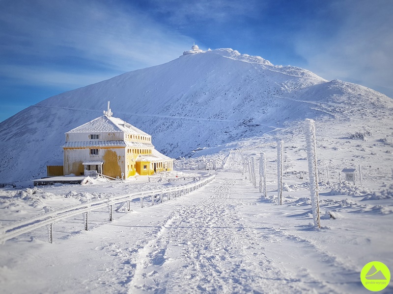 Zimowa trasa na Śnieżkę - widok na szczyt spod Domu Śląskiego 